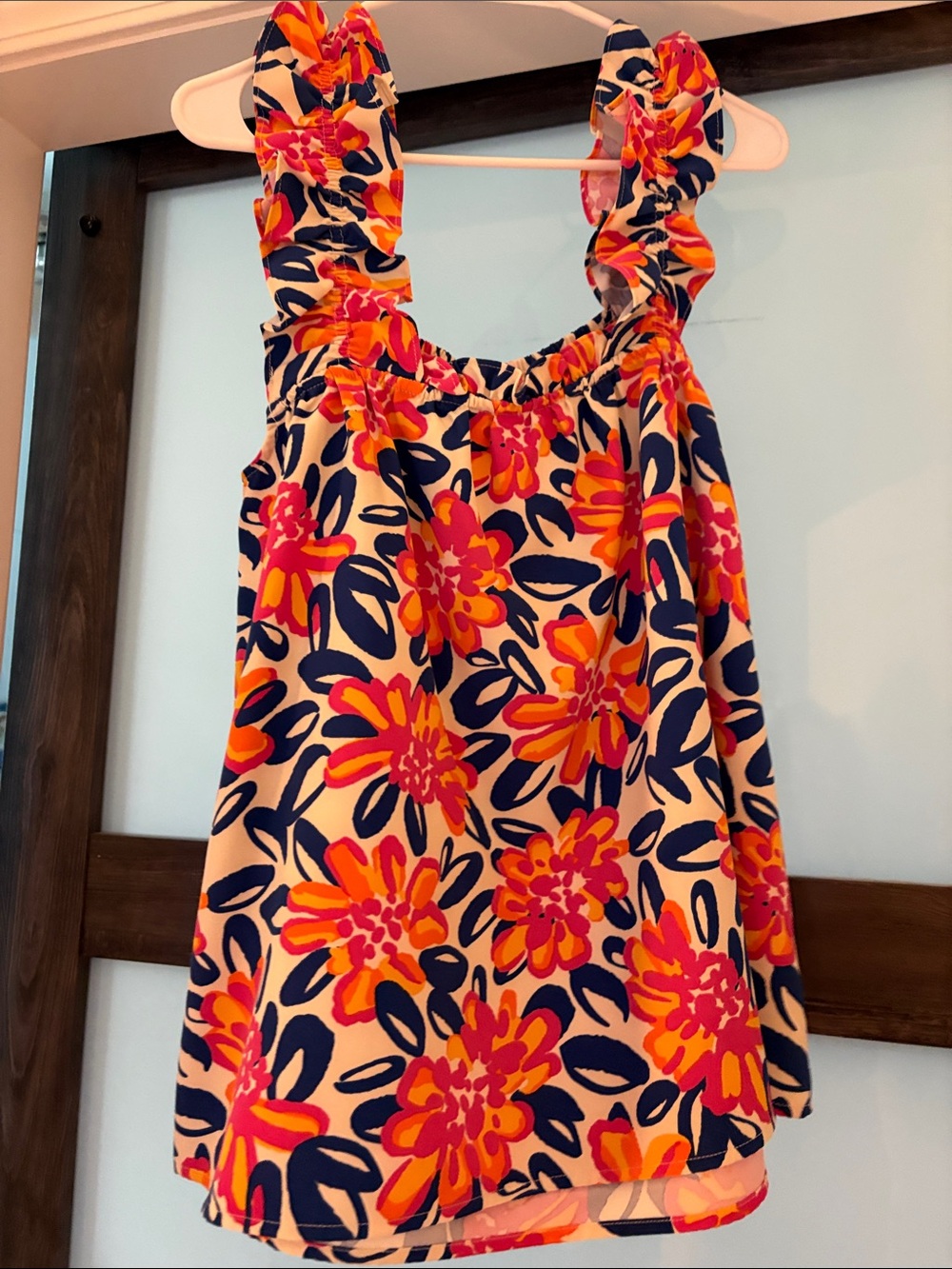 Mud Pie Floral Ruffle-Strap Tank Top — Pink, Orange & Navy